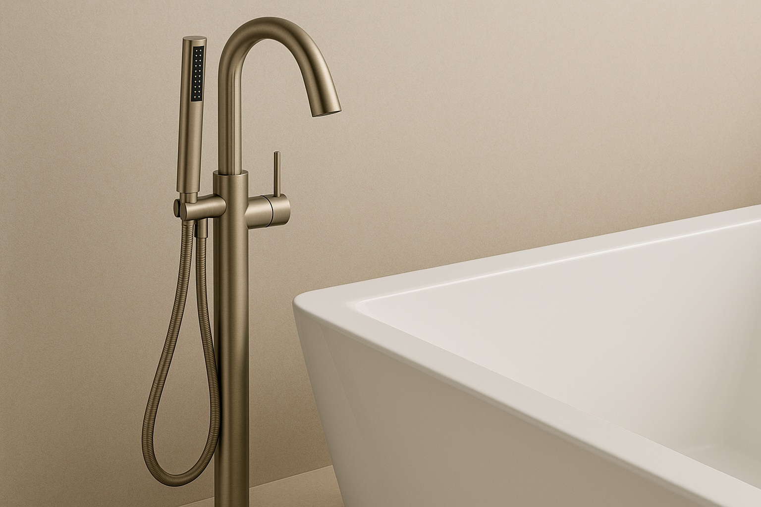 Brushed nickel freestanding bathtub faucet with hand shower next to freestanding tub